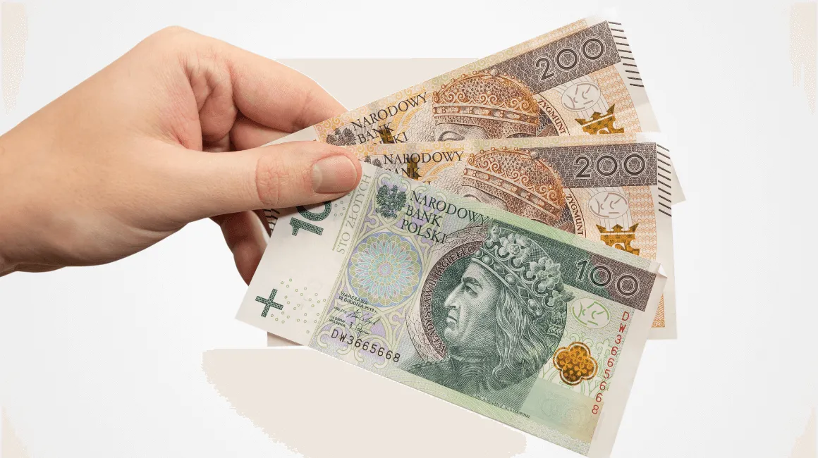 Dłoń trzymająca polskie banknoty o nominałach 100 i 200 złotych, symbolizujące gotówkę lub pożyczkę.